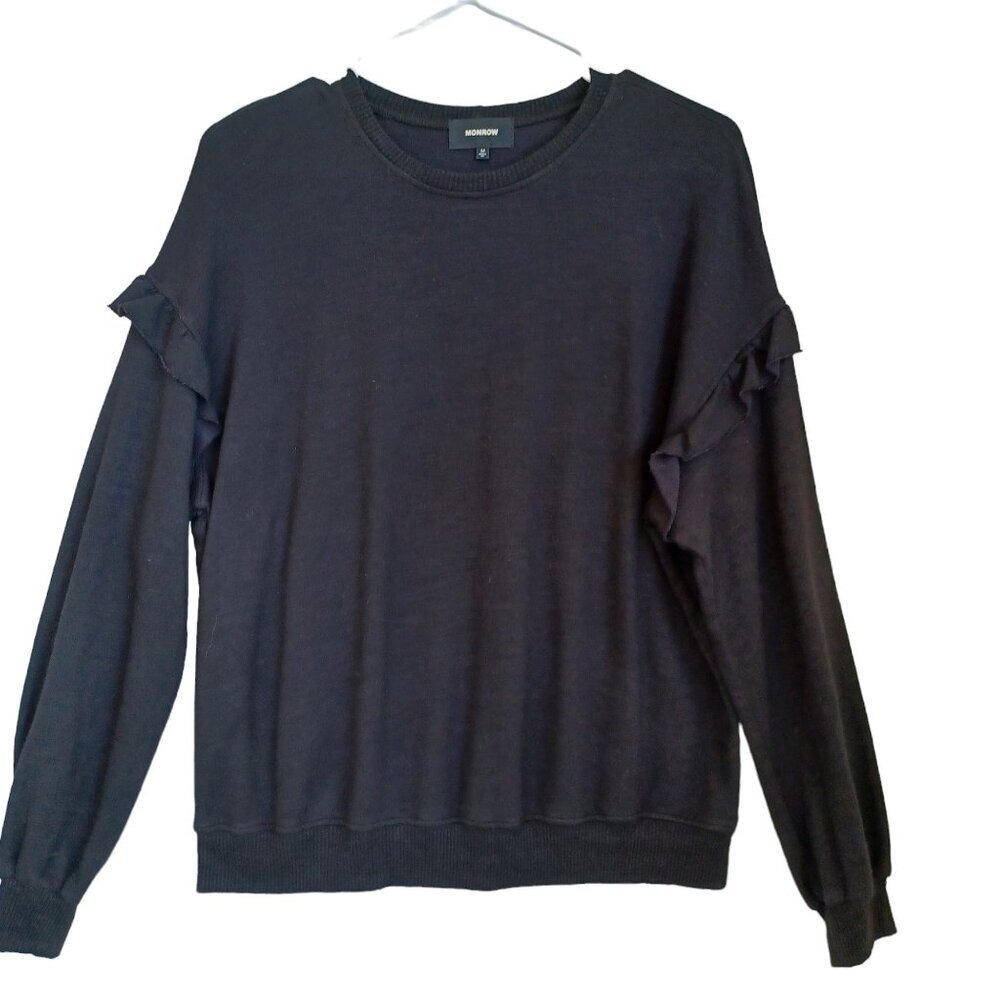 Monrow Sweater Black Ruffle Sleeve Crew Neck Soft‎ Pullover Womens Medium
